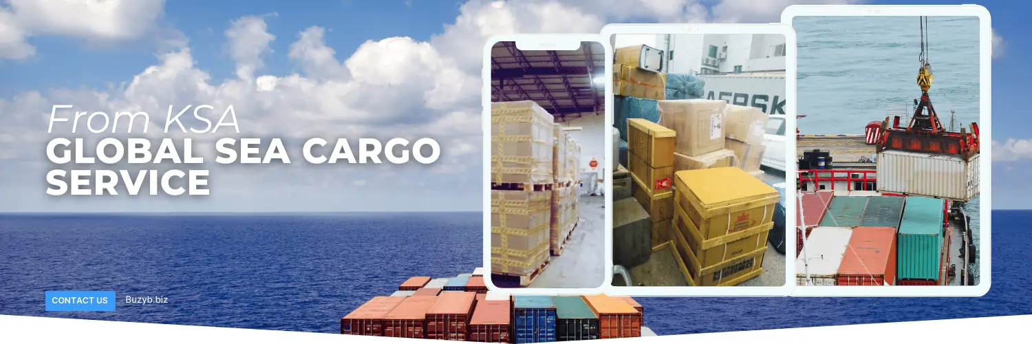 The image showing Shipping to USA from Saudi Arabia on a container ship, also showing air cargo destined to us different citeis.