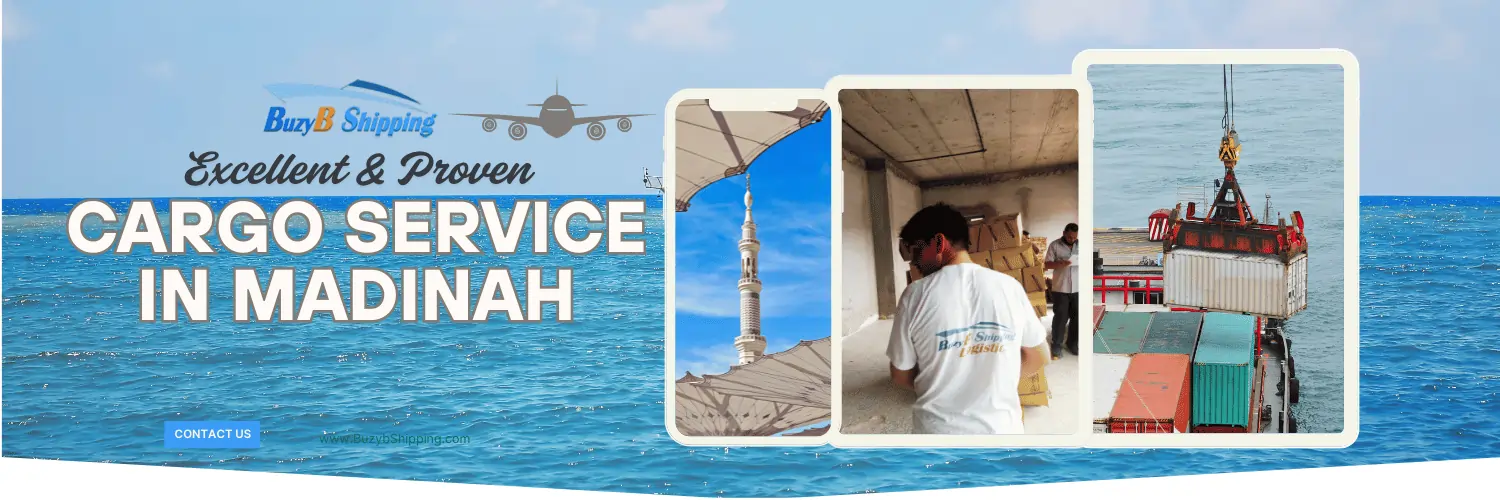 The buzyb international cargo service in Madinah, The image showing different modes of shipping of madina cargo service by air and by sea.